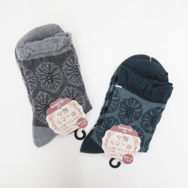 おもてなし靴下 クルーゆったり編み /花柄ピコット